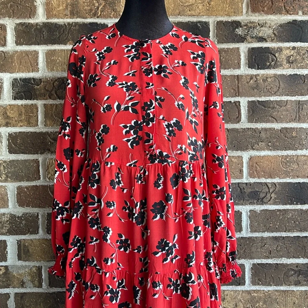ZARA Angel Midi Maxi Red Black Floral Smock Flared Tiered Dress - Picture 7 of 13